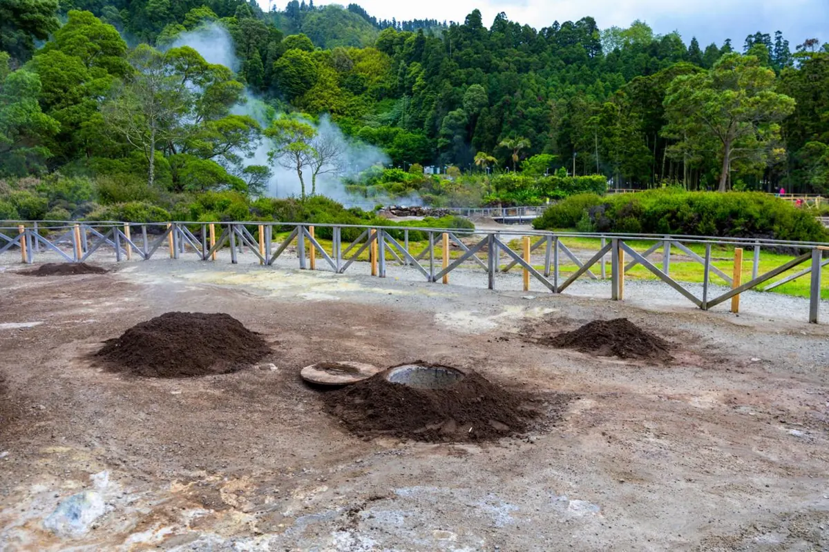 The geothermal ground at Lagoa das Furnas where pots are buried to cook