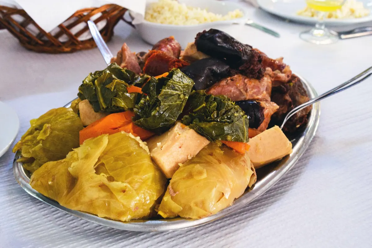 A plate of cozido das Furnas, slow-cooked underground